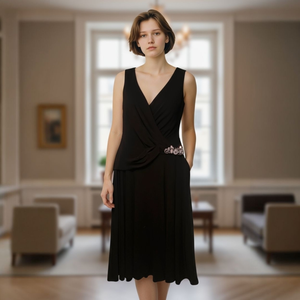 Jessica Howard Black Midi Dress with Embellished Waist